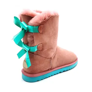 Bottes de neige à double nœuds pour femme, femme, fille, cuir véritable, laine, longueur mi-mollet, bottines d'hiver, logo personnalisé, vente en gros, 2020