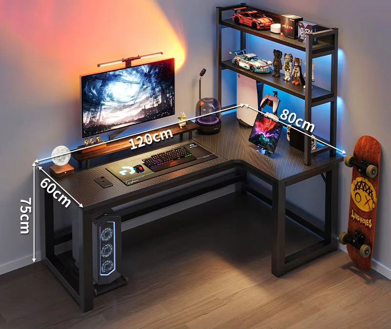 ORANGLES L-Shaped Gaming Desk with PC Storage Shelf | Carbon Fiber / Black Walnut Texture, Optional Accessories, Corner Computer Table for Gamers (Kuwait) - angled perspective - presenting advantages - Image 4 of 6 | fits any environment | Purchase L-Shaped Gaming Desk with PC Storage Shelf | Carbon Fiber / Black Walnut Texture, Optional Accessories, Corner Computer Table for Gamers (Kuwait) Michigan | Free Shipping ORANGLES