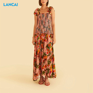 <span class=keywords><strong>Vestido</strong></span> largo <span class=keywords><strong>MIDI</strong></span> con estampado de árboles de <span class=keywords><strong>mango</strong></span> rosa y tiras de tul con volantes personalizado para mujer - Product Image 1