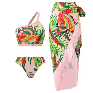 JSN 2024 Neues Design badeanzug eine Schulter Bademode Mandarin Ente Druckmuster hohe taille Bikini mit Quaste Sarong