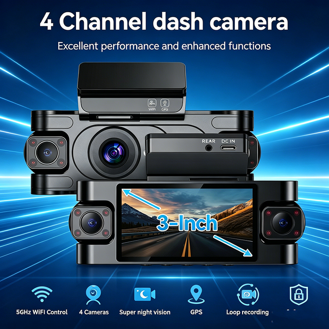 AI LTE 4-Channel Dash Cam 4K Front 1080P Inside GPS WIFI DMS ADAS Taxi Camera System for Fleet Management Cloud Live Video