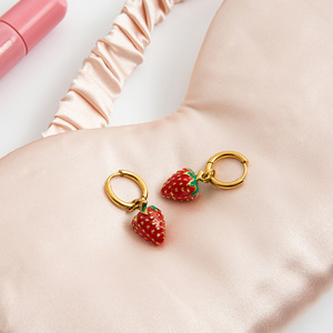 Strawberry Pendant <b>Earrings</b> Stainless Steel <b>Red</b> Gold Plated Fruit Shape Gift Jewelry - Product Image 2