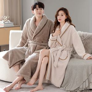 <b>Men</b> and Women Long Coral <b>Fleece</b> Bathrobe Over-the-Knee Style Flannel Lining Plus Size Winter Couples - Product Image 5