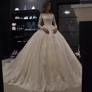 Off The Shoulder Wedding Dress Champagne Color Ball Gown Princess Waistline Vintage Style Lace Applique Long Sleeve - Product Image 3