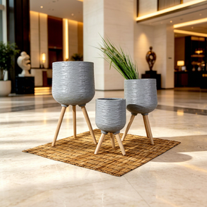 Modern Brushed Texture Waisted Standing Planter, Weather Resistant Decorative Cement Plant <b>Pot</b> for Home Hotel Lobby Commercial - Product Image 1