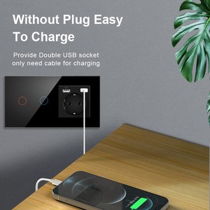 Interrupteur tactile mural double pour usage domestique avec panneau en verre trempé étanche et prise de courant, avec ports Type-C et USB - Product Image 2