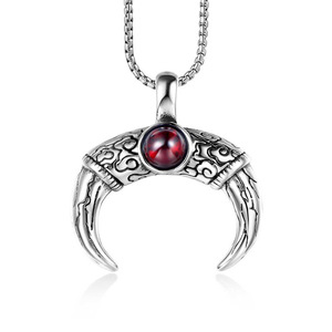 European American Style <b>Titanium</b> Steel Mayan Bull Horn Pendant With Ruby Bezel Setting Spike Themed Animal Zodiac Charm SP700 - Product Image 1