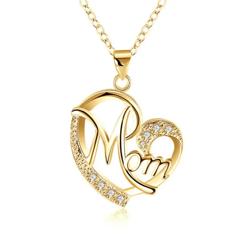 Hot Mother's Day Gift Letter Mom Crystal Heart Pendant Necklace Luxury Rose Gold Plated Mom with Hollow Heart Drop Necklace