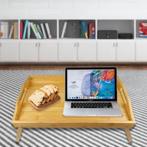 Meja Sarapan Lipat Bambu, Set Baki Melayani Makanan Di Meja Laptop dengan Dudukan Tablet Ponsel