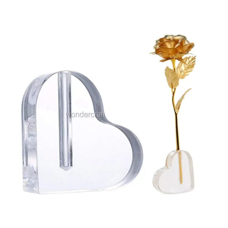 Aangepaste hoge transparante clear acryl afgeschuinde rand 24 k gold lange stem rose bloem hart maan vormige winkel display stand base