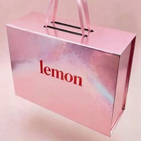 Boîtes cadeaux en papier rigides avec fermeture magnétique pliable, logo personnalisé, holographique rose, avec poignée en ruban, emballage de luxe en gros