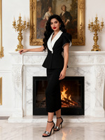 Ensemble élégant deux pièces : Nouveau haut à col en V et manches courtes color-block, jupe unie taille haute tendance pour femme