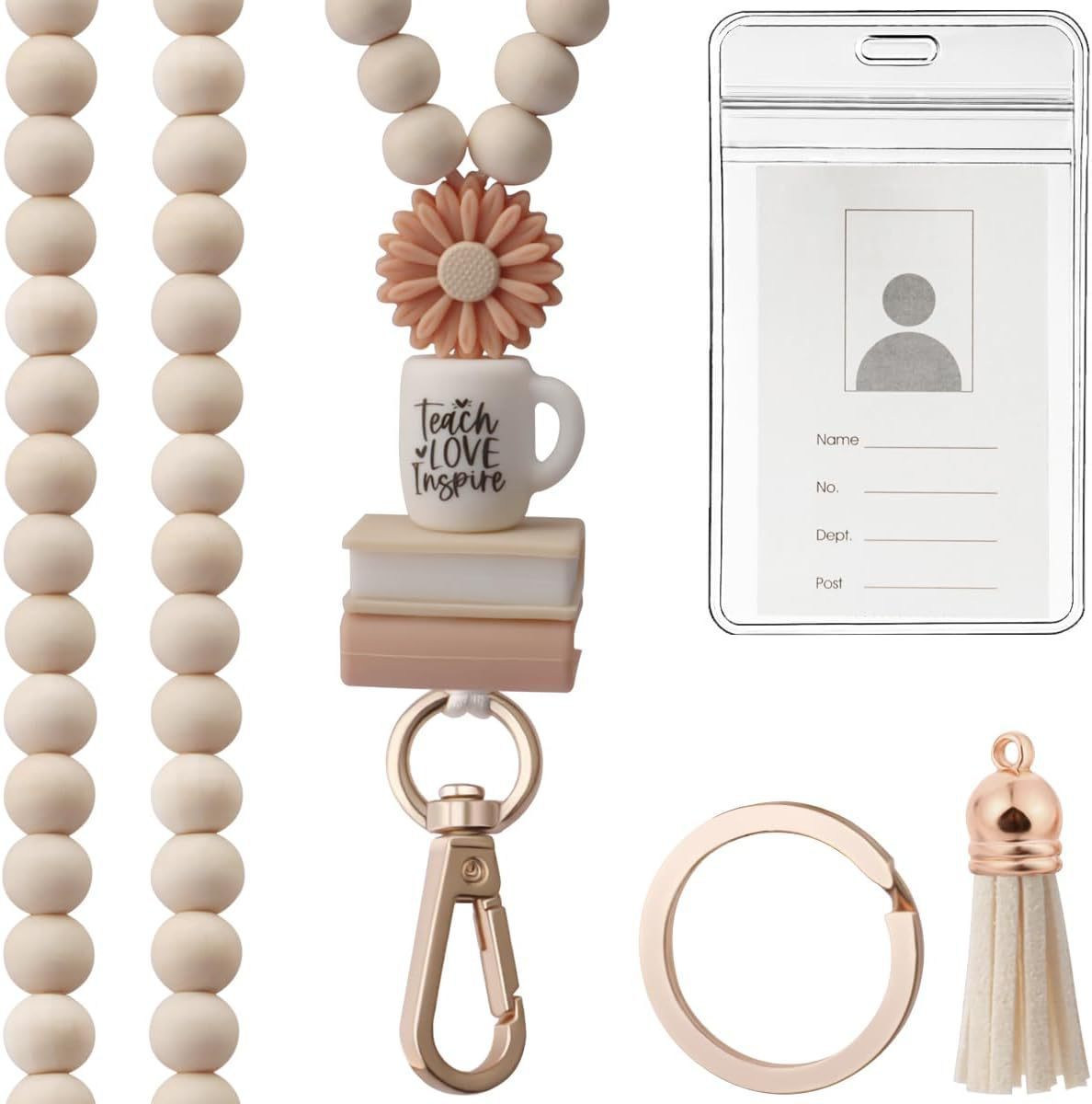 Personalized Silicone Beads Wooden Apple Shape Necklace Lanyard Keychain Beaded Lanyards for Students Teacher Gift Image 3