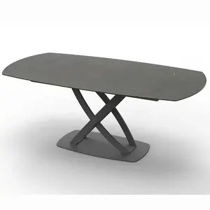 2023 tavolo da pranzo girevole di vendita caldo moderno tavolo rettangolare di lusso in pietra sinterizzata grigia con gamba nera in acciaio al carbonio
