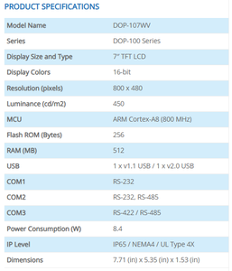 DOP-107WV หน้าจอสัมผัสแบบต้านทานขนาด 7 นิ้วสำหรับอุตสาหกรรม แรม 512MB รอม 256MB พอร์ต COM หลายพอร์ต (RS-422/RS-485) IP65 HMI - Product Image 4
