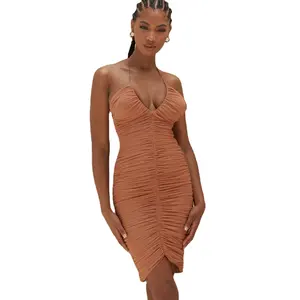 Latest Nude Sleeveless Girls Summer Dress Sexy Deep V Neck Ruched Mesh Peplum Midi Dress