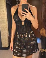 Robe Courte Femme Personnalisée ODM/OEM, Cache-maillot de Plage Sexy en Tricot Teint en Fil, Robe Courte Dos Nu Ajouree pour Vacances en Bord de Mer