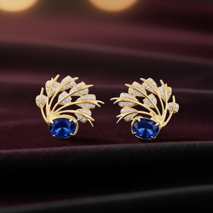 E4723 Orecchini a perno dorati con zaffiro e diamante, design a forma di pianta, per donna, gioielli da festa, stile classico - Product Image 2