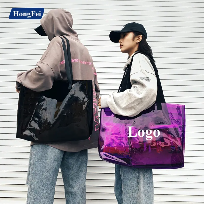 Bolso de compras impermeable de vinilo y PVC, bolsa de playa de neón, transparente, de plástico, personalizado