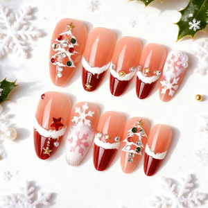 24 faux ongles de Noël en amande à presser, couleur blush, avec sapin de Noël 3D français et étoiles incrustées à la main, pour une manucure festive - Product Image 2