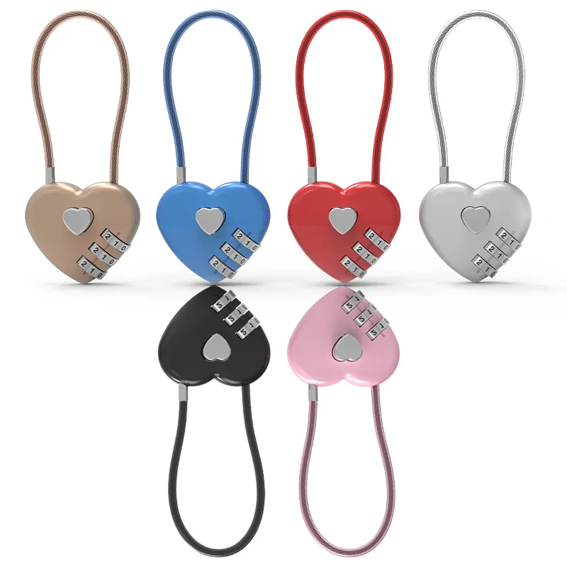 Cadeado de combinação barato, cadeado de forma de coração, 3 dígitos, trava de bagagem, vermelho, rosa, preto