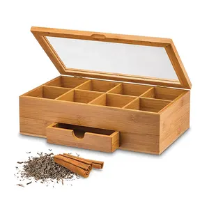 Tea Organizer Bamboo Tea Box With Small Drawer 100% Natural Bamboo Tea Chest - Great Gift Idea