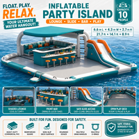 Grande île flottante gonflable pour parc aquatique avec toboggan, auvent, sièges, bar et table pour hôtels, complexes hôteliers et activités de loisirs