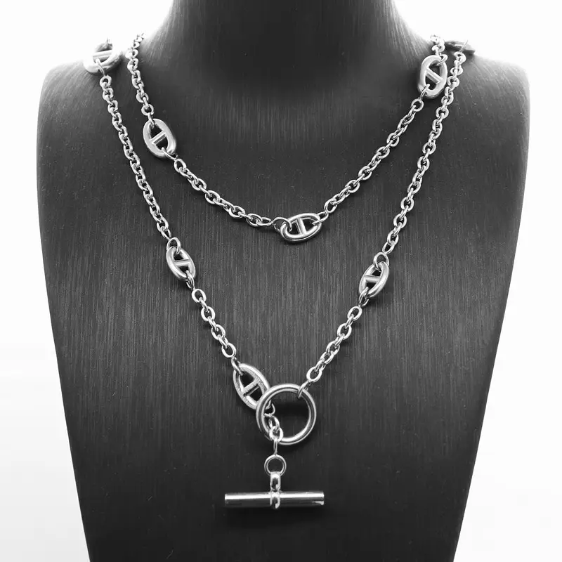 Punk Pig Nose OT Buckle Long Sweater Chain Steel Necklace