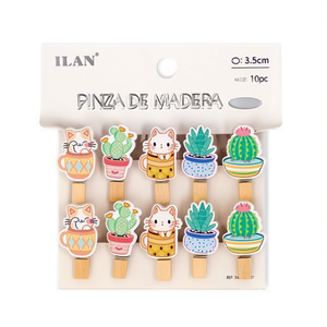 Pinces à linge en bois Ilan 3,5 cm, lot de 10, motif chat et cactus, pour artisanat et décoration - Product Image 1