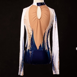 Leotardo para niña y mujer, LICRA azul oscuro, alta elasticidad, hecho a mano, con diseño de diamante, manga larga, baile, gimnasia <span class=keywords><strong>rítmica</strong></span> - Product Image 3