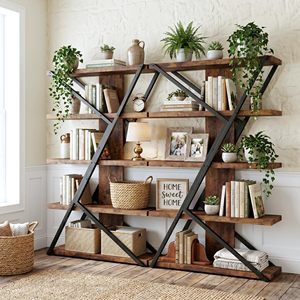 Étagère industrielle en bois SENYU à 4 niveaux, présentoir ouvert en X, unité de rangement pour salon - Product Image 4