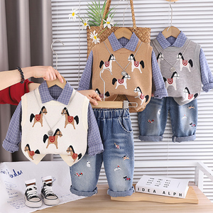 Ensembles de Vêtements Décontractés pour Garçons : Gilet à Boutons, Chemise Imprimée à Manches Longues et Pantalon à Motifs de Dessins Animés – Vente en Gros, Modèle Populaire de Créateur - Product Image 1