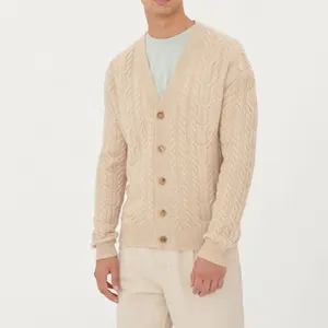 Maglione personalizzato da uomo con cavo Taupe Cardigan con maglieria di design Fuzzy Cashmere a righe lavorato a maglia