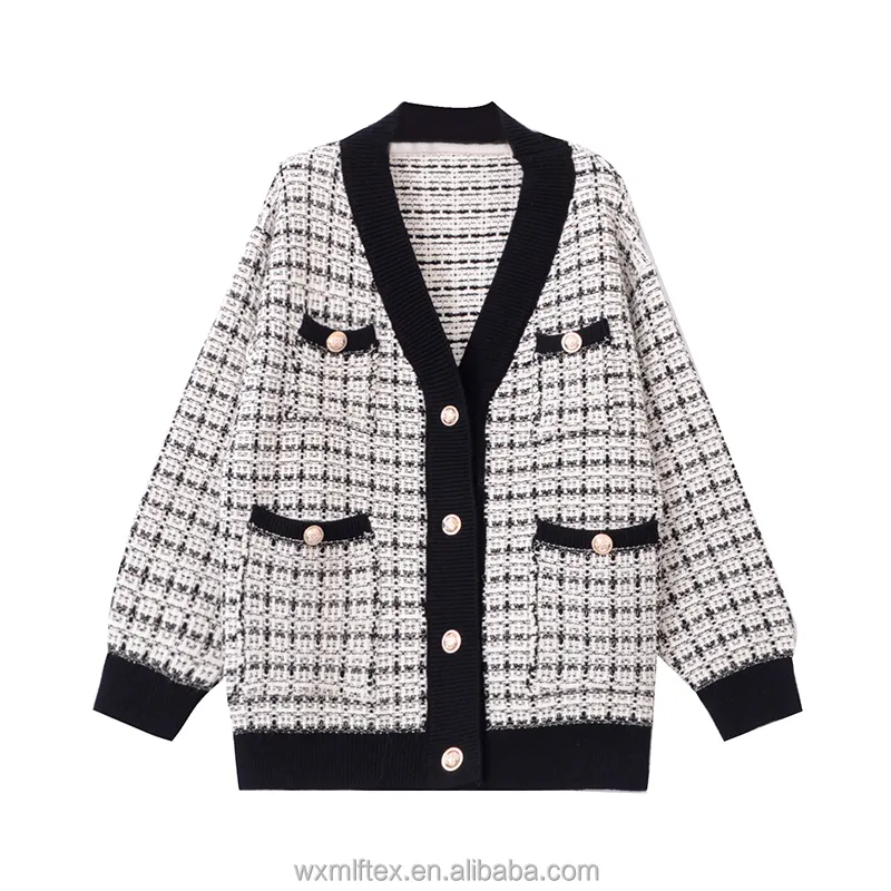 Single Breasted Plaid Loose Knitted Cardigans Autumn Winter Retro Check Sweater Coat Female long sweater coat