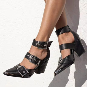 Da donna con fibbia in metallo con spicchio medio e zeppa <span class=keywords><strong>sandali</strong></span> con tacco impilati occidentali <span class=keywords><strong>sandali</strong></span> con zeppa corta bassa per donna - Product Image 5