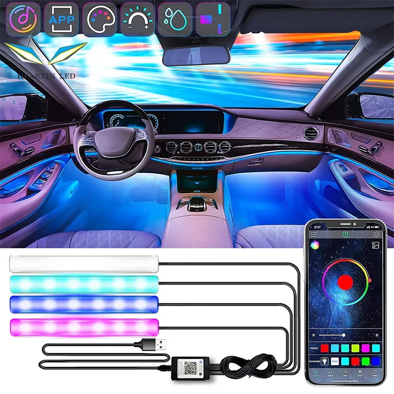 USBネオンムード照明付きLEDカーフットアンビエントライトをアップグレードバックライトミュージックコントロールアプリRGB車内雰囲気ライト