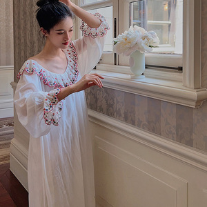 Gonna in <span class=keywords><strong>cotone</strong></span> a maniche lunghe da donna floreale ricamato con elastico floreale in vita <span class=keywords><strong>pigiama</strong></span> dolce e carina collezione estiva per ragazze - Product Image 3