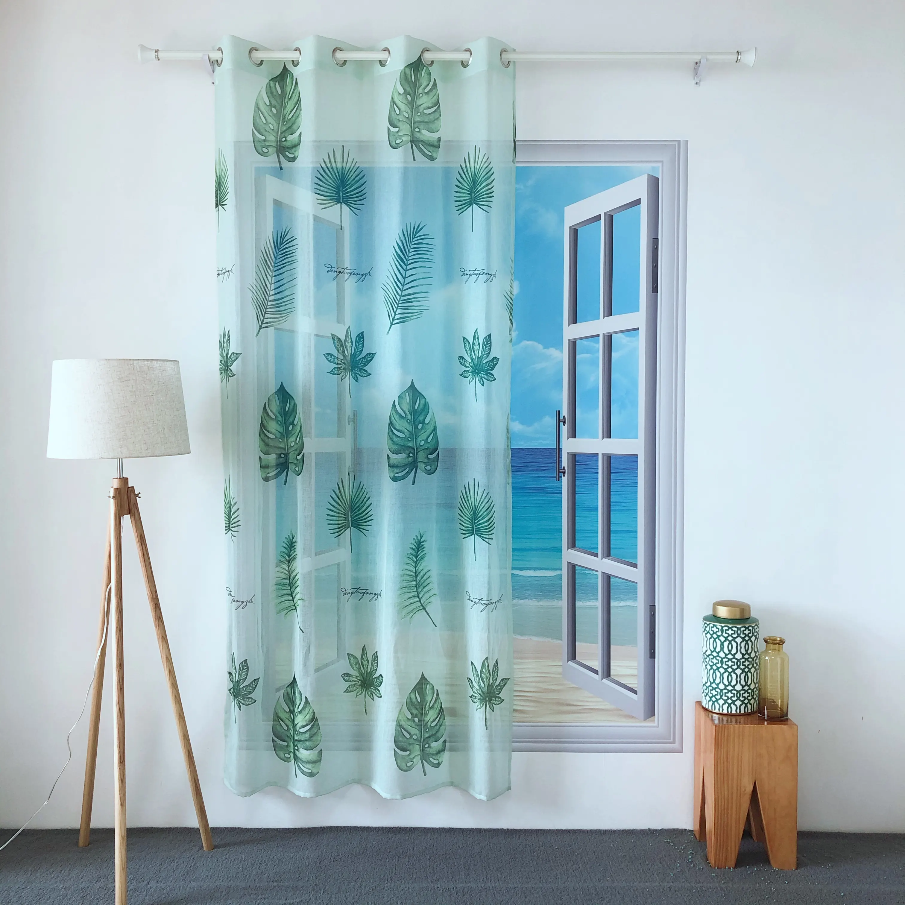 KEQIAO CHINA POLYESTER PLAIN VOILE DOLLY GREEN MONSRERA LEAVES GREEN PRINTING SHEER PANEL CURTAIN SPRING SUMMER PT-20 TULLE