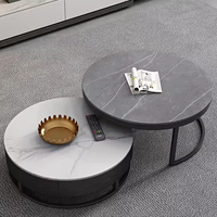 Table Basse Ronde Extensible en Bois avec Plateau en Marbre, Design Moderne et Luxueux, avec Tiroir, pour Salon, Meuble de Maison, Noir, Collection 2025