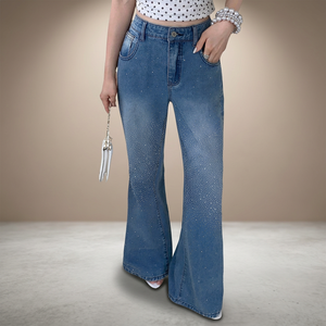 Jeans en denim premium pour femme, coupe ample, taille mi-haute, jambe large, ornés de strass, écologiques, avec logo personnalisé, fabricant OEM ODM en gros - Product Image 3