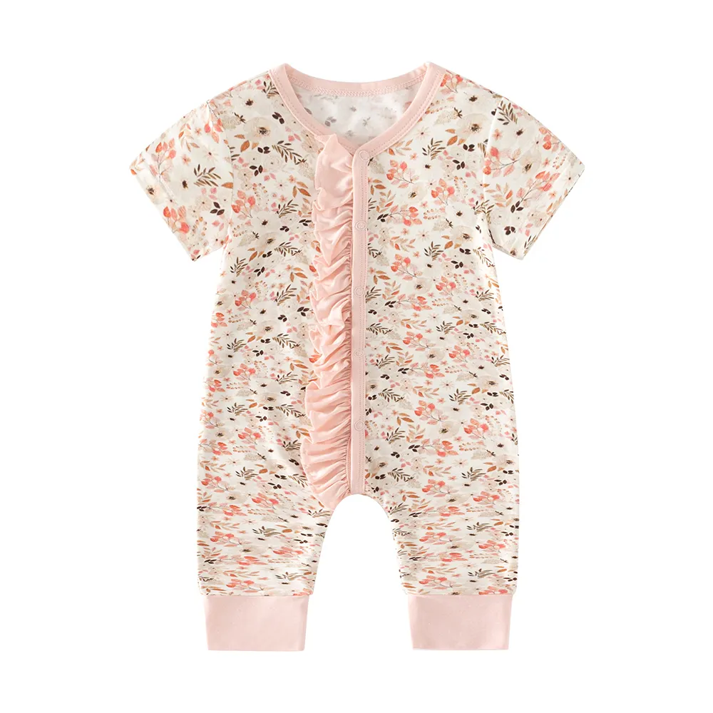 Desain baru kustom musim panas bayi perempuan bunga Jumpsuit bambu bayi Romper antik mewah bunga cetak pakaian bayi perempuan