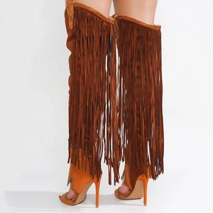 Women Flock Tassels Over Knee High <b>Boots</b> Peep Toe Stiletto Heels Diamonds Patchwork Shoes Side Zipper Summer Long Booties - Product Image 3