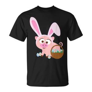 T-shirt unisexe à manches courtes et col rond avec impression numérique Happy Pig Bunny Ears Easter Eggs, idéal pour les activités promotionnelles pour enfants - Product Image 1