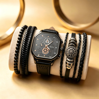 Ensemble de montres à quartz carrées pour hommes, bracelet en cuir, montre-bracelet avec bracelets, cadeau de luxe pour hommes