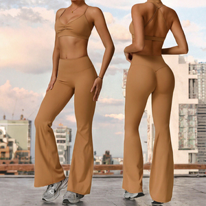 Solid High Waist Flared <b>Leggings</b> With Ruched Butt Lift Design <b>For</b> <b>Women</b> Yoga Sport Pants Seamless Four Way Stretch Full Length - Product Image 3