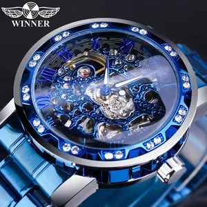 Gagnant Transparent Design <span class=keywords><strong>Bleu</strong></span> Montre Mécanique Hommes Bande En Acier Inoxydable Top Marque De Luxe Horloge Lumineuse - Product Image 1