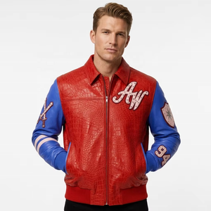 Veste de baseball sur mesure en cuir d'agneau gaufré croco pour homme avec broderie appliquée et strass, bicolore, pour l'automne - Product Image 1
