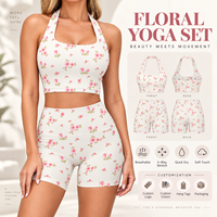 Set Yoga Wanita untuk Olahraga di Gym, Motif Bunga di Seluruh Bagian, Bra Halter, Celana Pendek Pengontrol Perut, Pilates, Kain Daur Ulang, Elastisitas Tinggi