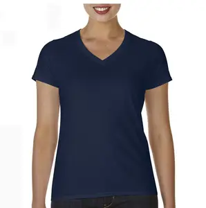 New Arrival Good Quality Solid Color V Neck Design Short Sleeve Plain Logo Print T-shirt for Women