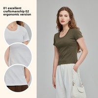 Kaos Dalaman Wanita Musim Panas, Lengan Pendek, Rajutan Rib, Katun, Kerah U, untuk Pakaian Luar
